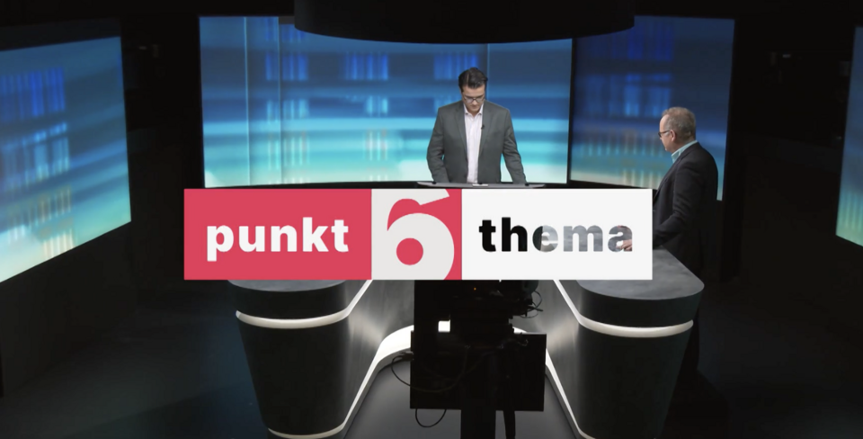 Logo der Sendung "Punkt 6" von Telebasel, dahinter der Moderator von Telebasel und der Interviewte, Maurus Reinkowski von Seminar für Nahoststudien.