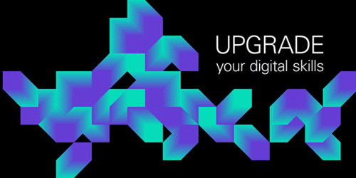 Überschrift "Upgrade your digital skills" und blau-violettes Gebilde als Dekoration