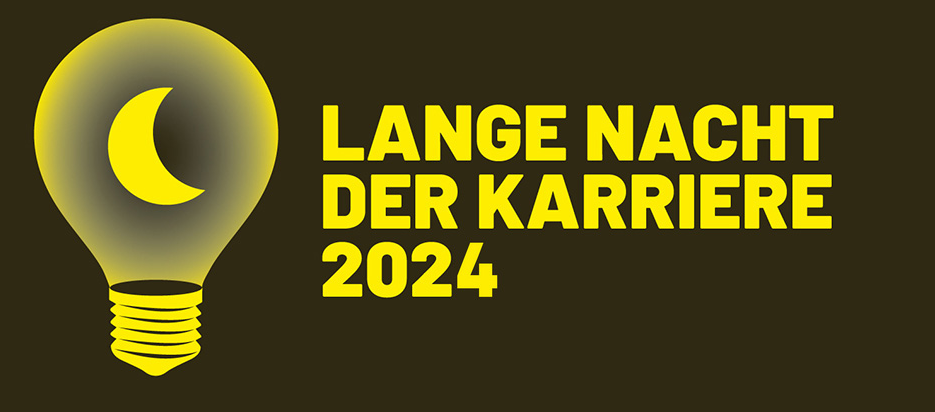 Logo der Veranstaltung, darauf steht Lange Nacht der Karriere 2024. Das Logo ist eine Glühbirne mit Halbmond darin.